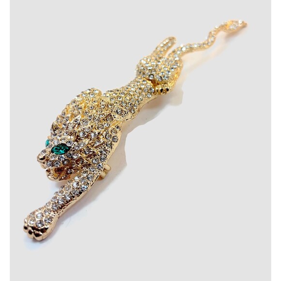 Unbranded Jewelry - Vintage Shoulder Brooch, Lion, Tiger, Leopard,  Rhinestones, Gold Tone, 6" Long